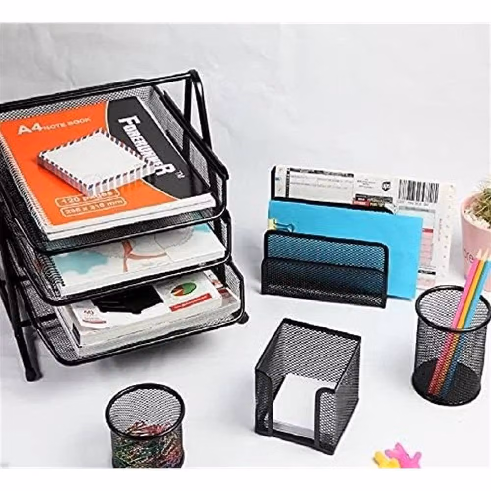 VOGREX Black Metal Mesh 5-Piece Office Desk Organiser Set with 3-Tier Paper Tray and Pencil Cup – 3