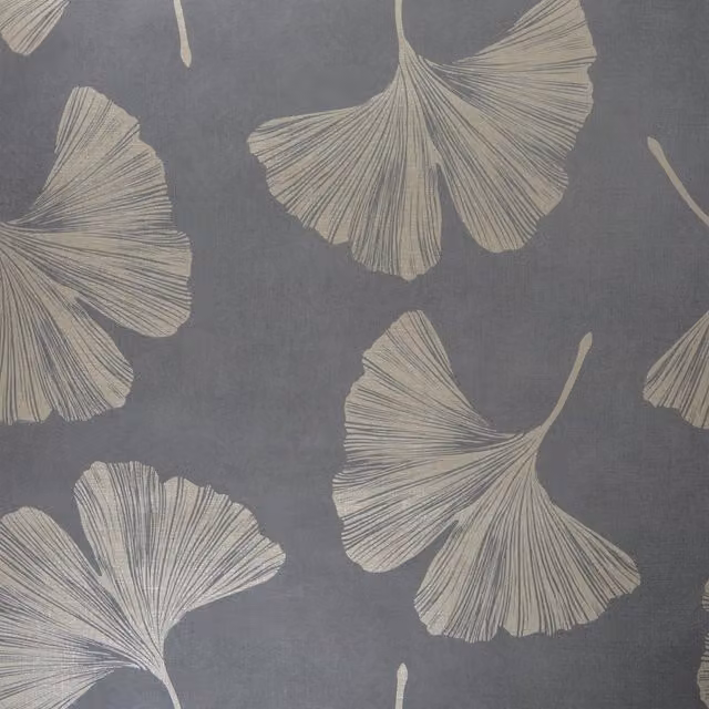 GoodHome Ginkgo Leaf Mocha Botanical Floral Vinyl Wallpaper in Grey and Gold