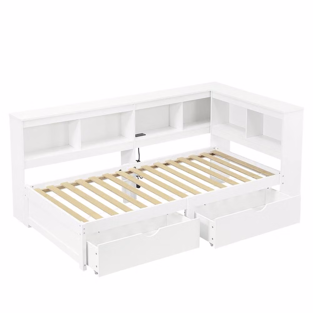 STILVORA Modern White Single Bed Frame with Drawers, USB Charging Port and Bedside Shelf, W/D/H: 90 x 190 cm – 2