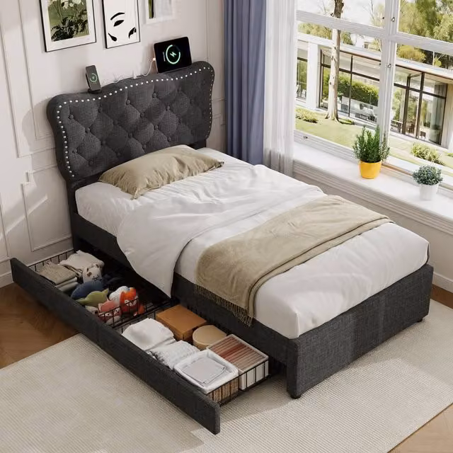 ModernLuxe Upholstered Single Bed with Drawers and Adjustable Headboard in Grey, W/D/H: 200 x 100 x 120 cm
