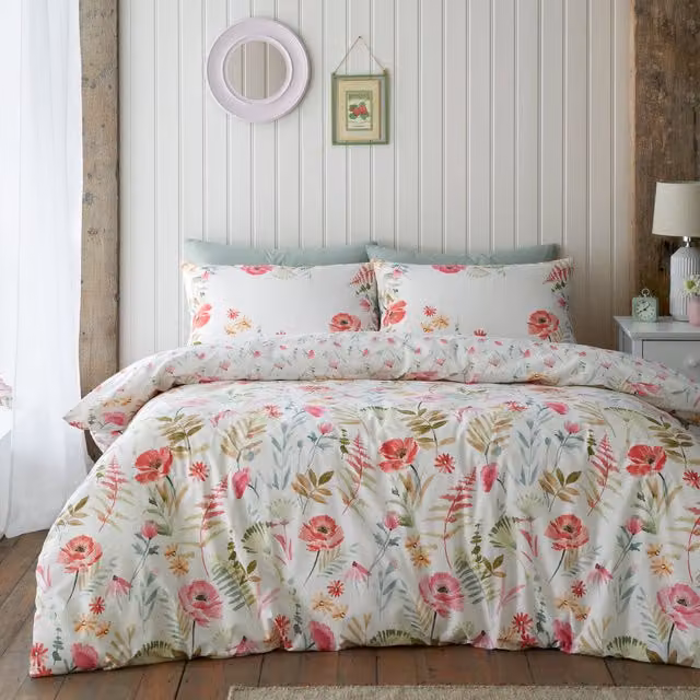 Catherine Lansfield Ella Poppy Reversible Floral Duvet Cover Bedding Set, Cream, Pink, Green and White