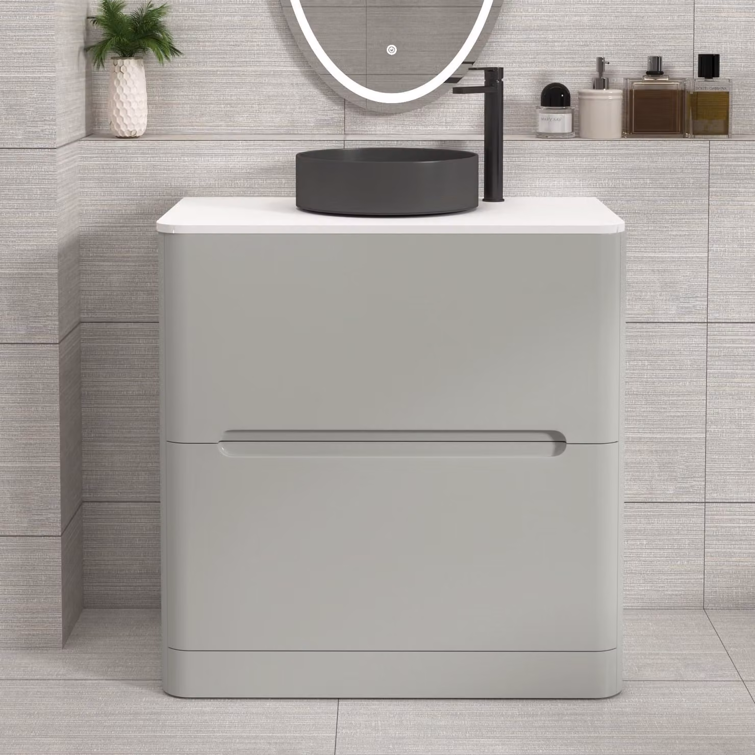 Royal Bathrooms Venice 800mm Floor Standing Vanity Unit in Dove Grey with 2 Drawers, Plain White Worktop and Art Deco Round Basin