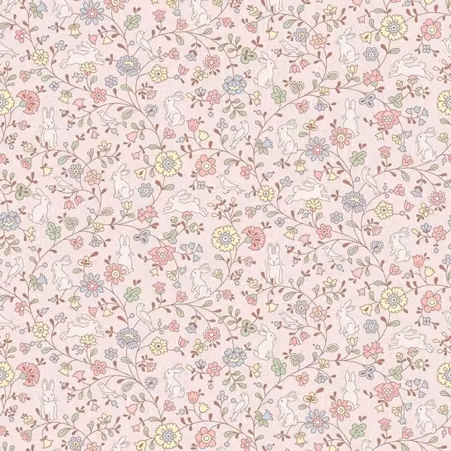 Grandeco Liberty Floral Bunny Trail Nursery Textured Wallpaper in Light Pink, Green, Purple and Beige – 1