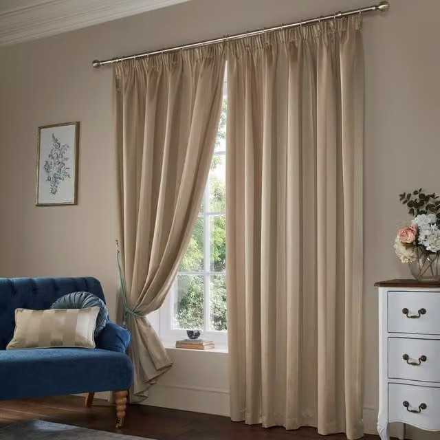 Laura Ashley Lille Stripe Ready Made Pencil Pleat Curtains in Truffle Natural Beige