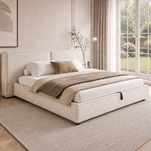 Merax Super King Ottoman Storage Bed with Wide Upholstered Headboard in Beige Chenille, W/D/H: 180 x 200 x 208.5 cm
