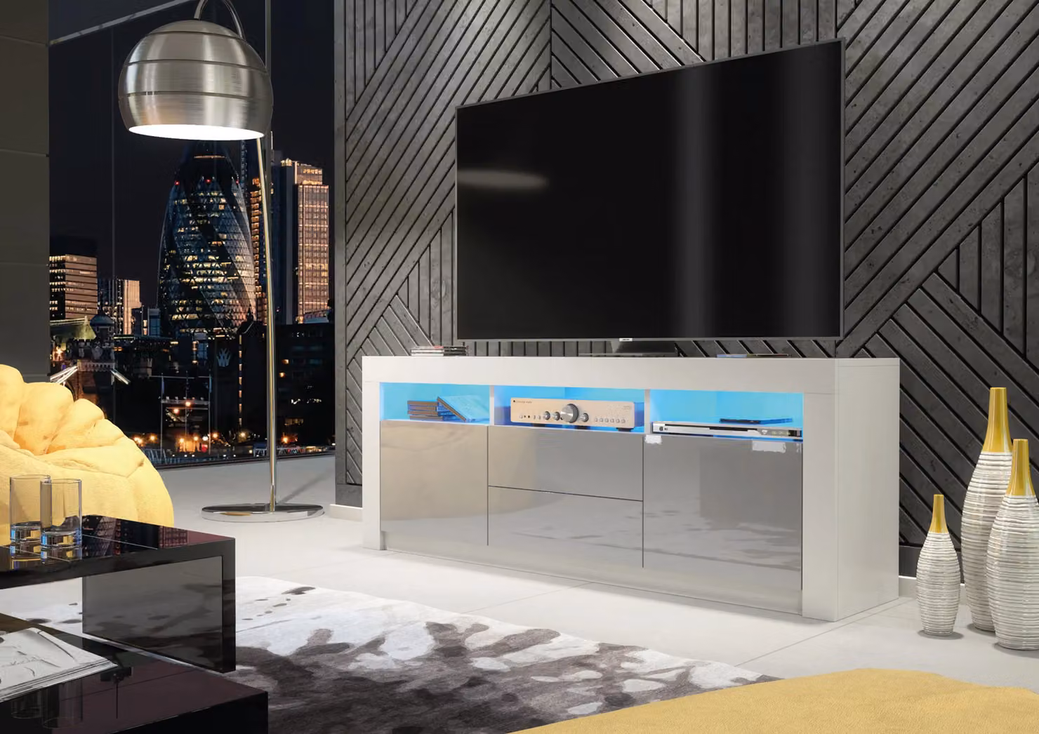 Mex Furniture LTD Modern TV Unit with Matt Body and Gloss Doors in Light Grey, W: 160 cm, D: 35 cm, H: 60 cm – 5