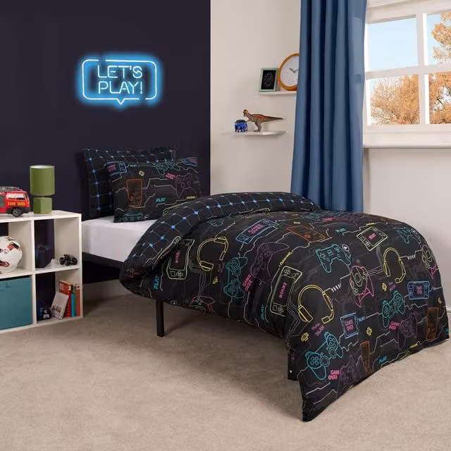 OHS Reversible Gaming Duvet Cover Bedding Set for Kids in Black, 140 x 200 cm
