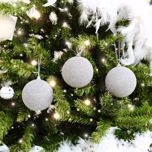 Melody Maison Set of 3 Silver Grey Beaded Christmas Baubles, Diameter: 8 cm
