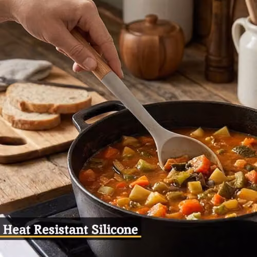 Premier Housewares Grey Silicone and Wood Oval Cooking Spoon, Heat-Resistant and Non-Scratch – 3