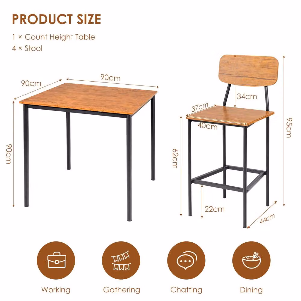 Costway Industrial Dining Table Set with 4 Stools in Brown – 2