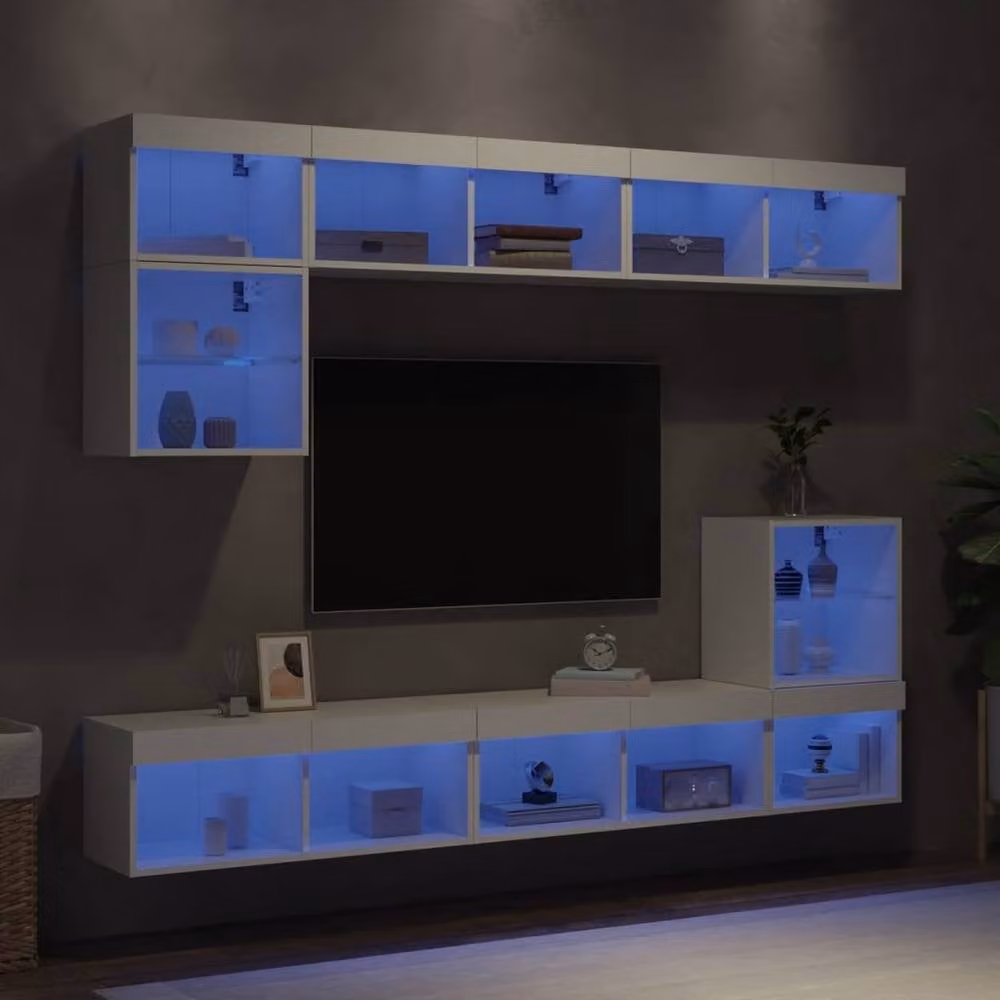 Berkfield Home 8 Piece Modern White TV Wall Unit Set with Integrated LED Lighting and Glass Doors – 2