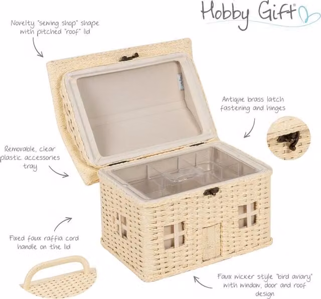 Hobby Gift Novelty Wicker Bird Sewing Storage Box in White and Beige, W/D/H: 22.0 x 25.5 x 29.0 cm