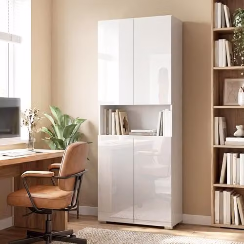 HOMCOM Modern Glossy White Kitchen Pantry Cupboard with Soft Close Hinged Doors, H 180 x W 42 x D 34 cm – 3