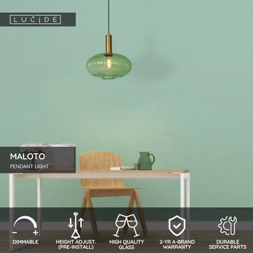 Lucide Maloto Retro Dimmable Adjustable Pendant Light, Green and Gold/Brass, Diameter: 30 cm – 2