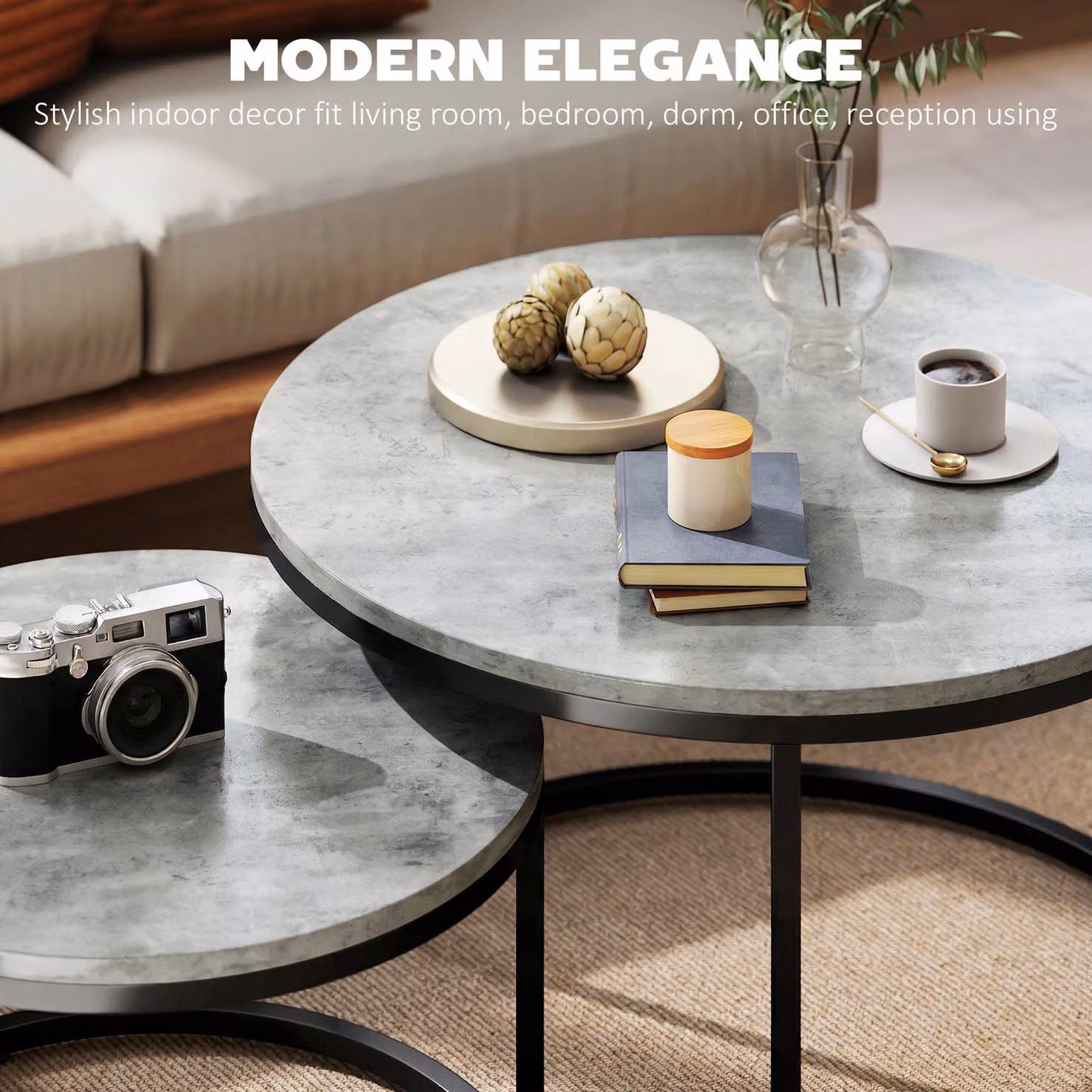 HOMCOM Set of Two Grey Cement-Effect Round Stacking Tables with Metal and MDF Construction – 3