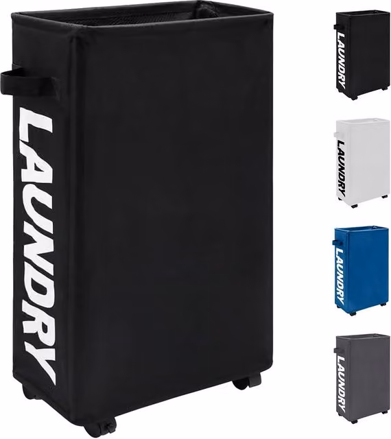Neel Blue Collapsible Rolling Laundry Basket with Wheels, 38L, Black, W: 40 cm, D: 18 cm, H: 53 cm