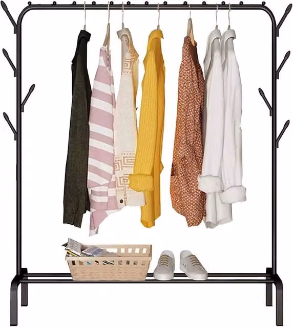 OYAJIA Matt Black Metal Clothes Rail Garment Display Storage Stand, H 150 cm x W 150 cm x D 40 cm