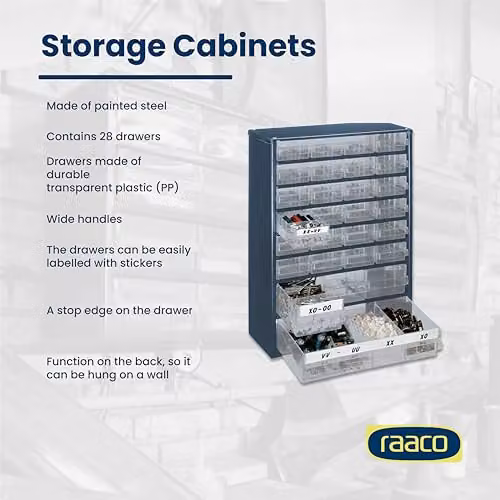 Raaco C9-28 Drawer Cabinet with 28 Blue and Transparent Plastic Drawers, Wall Mountable, W/D/H: 30.6 x 41.7 x 41.7 cm – 3
