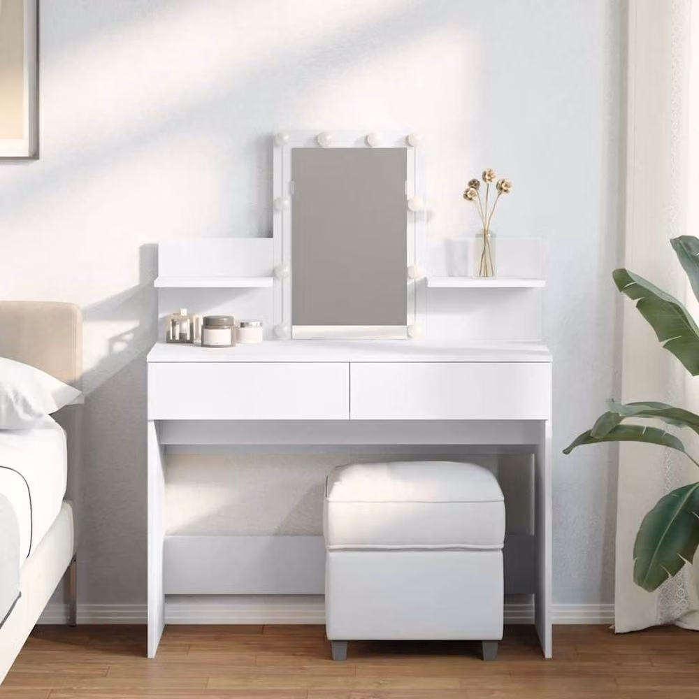 Berkfield Home Hollywood LED Dressing Table in White, W: 100 cm, D: 40 cm, H: 130 cm – 2