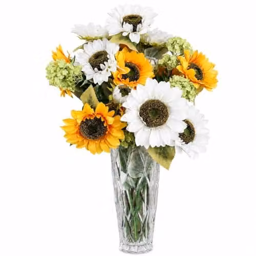Leaf Design UK Mixed Floral Artificial Flower Display with Transparent Glass Vase in White, Yellow and Multicolour, H 80 cm x W 50 cm x D 50 cm