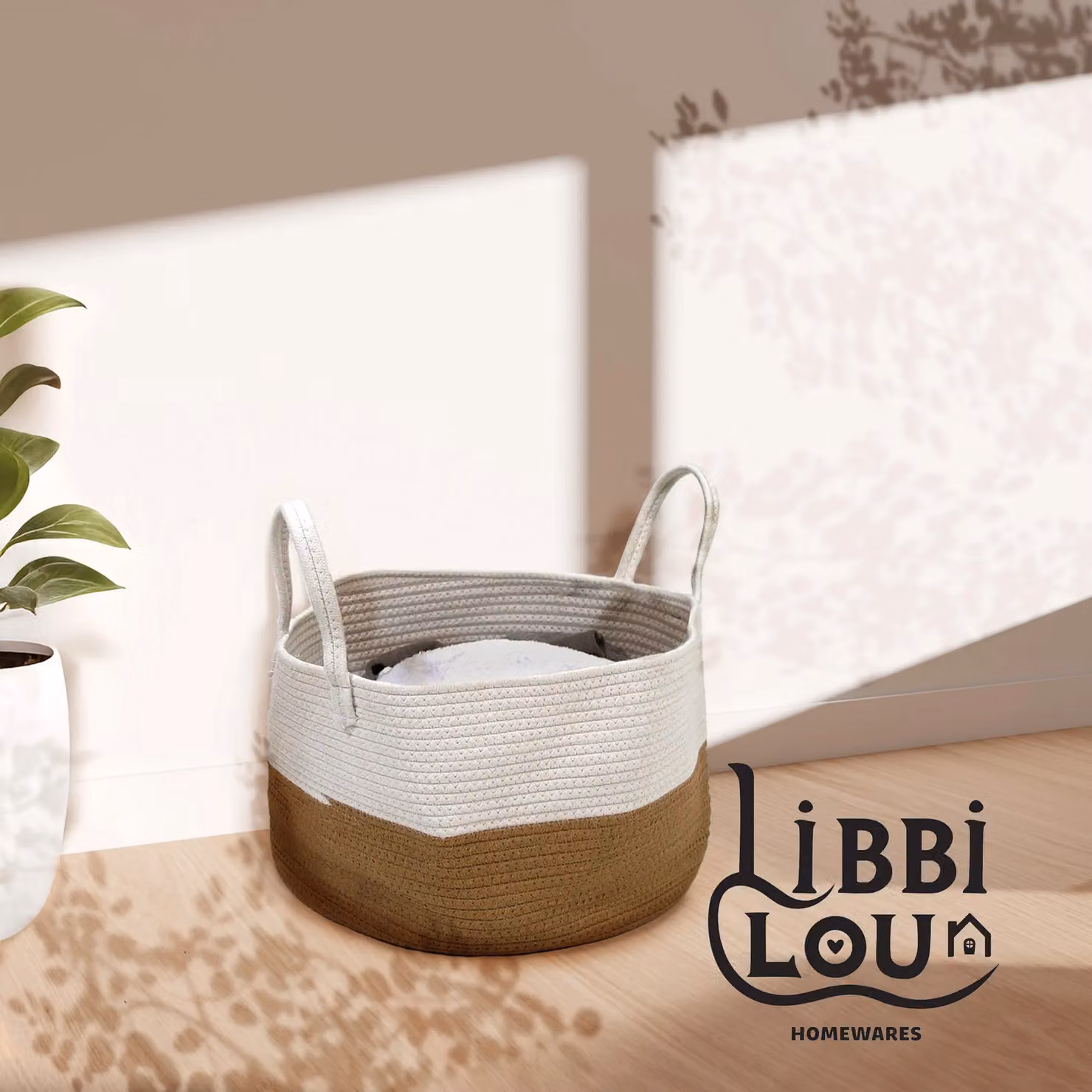 Libbi Lou Cotton Rope Storage Basket with Handles, Collapsible, Two-Tone Beige and Brown, W: 40 cm, D: 25 cm, H: 25 cm – 7