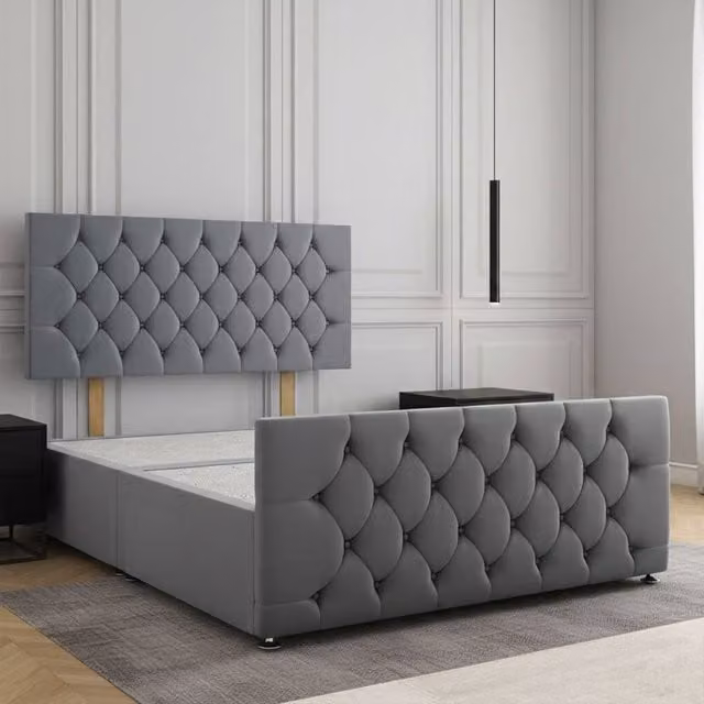 Regional Furnishings Plush Velvet Upholstered Divan Bed in Grey, Double, W/D/H: 140 x 200 cm