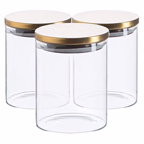 Argon Tableware Scandi Airtight Glass Storage Jars with Gold Metal Lids, 750ml, Pack of 3