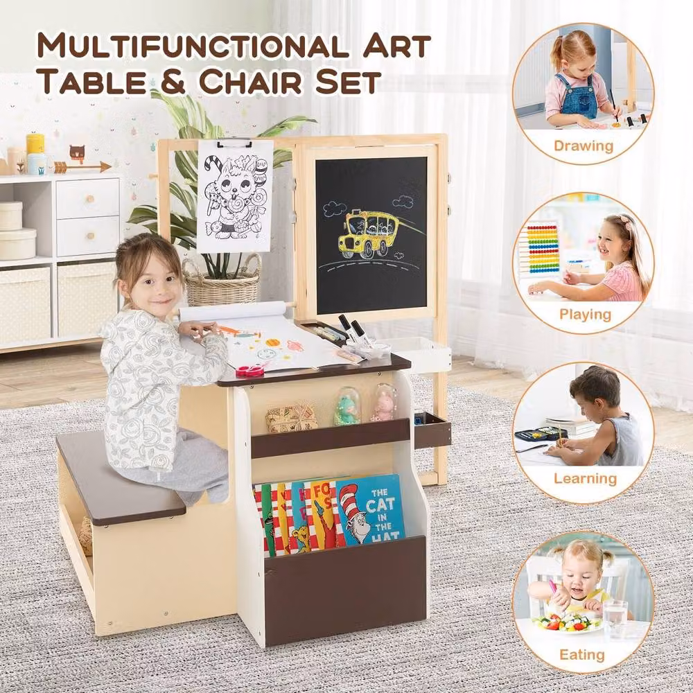 Costway Kids Wooden Art Easel, Table and Bench Set with Blackboard in Brown – 4