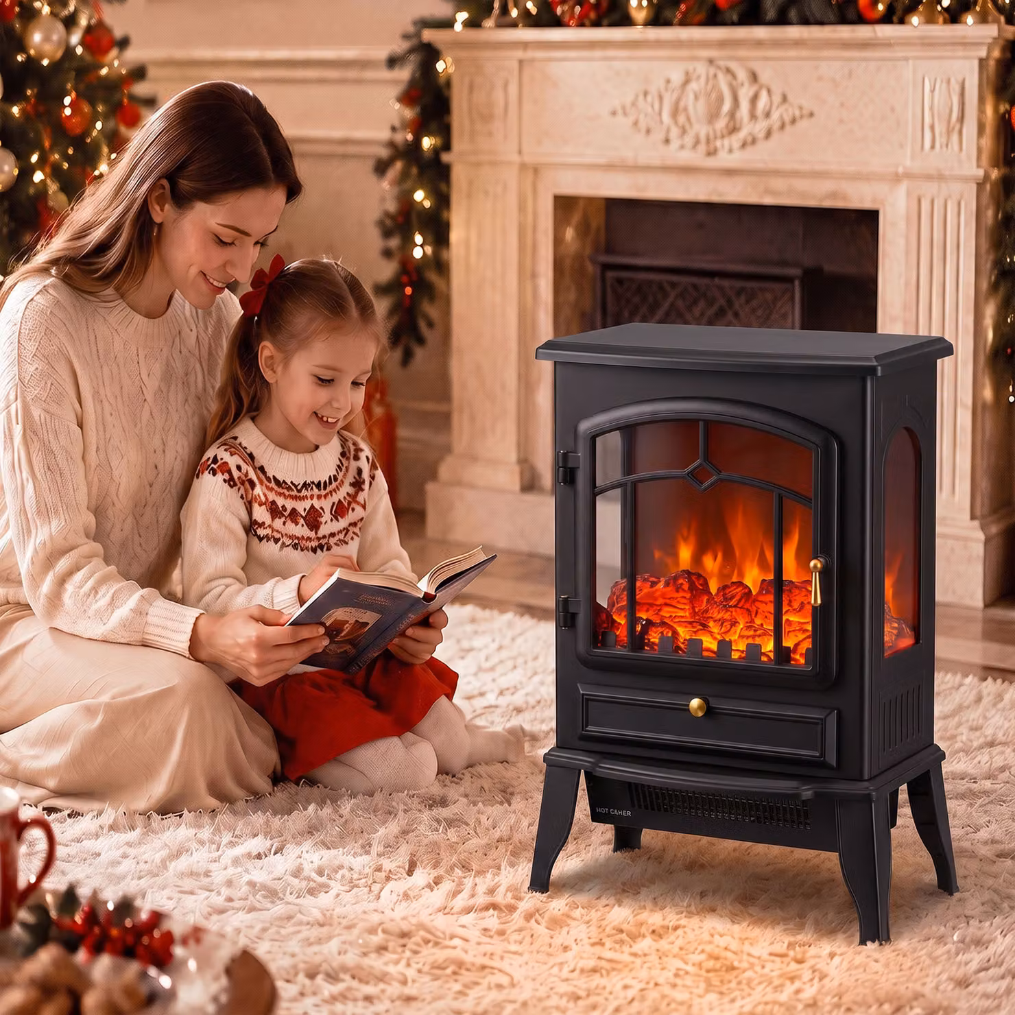 HOMCOM Electric Fireplace Stove, 1000/2000W 3-Sided Freestanding Heater with 3D Flame Log and Thermostat, Black – 7