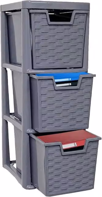 FLAVORA 3 Tier Rattan Effect Storage Unit with Drawers in Grey, W/D/H: 50 x 50 x 50 cm