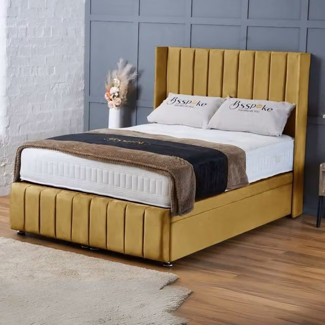 BSSPOKE Zoe Ottoman Divan Bed with Mattress in Mustard Yellow Plush Velvet, W/D/H: 180 x 200 cm