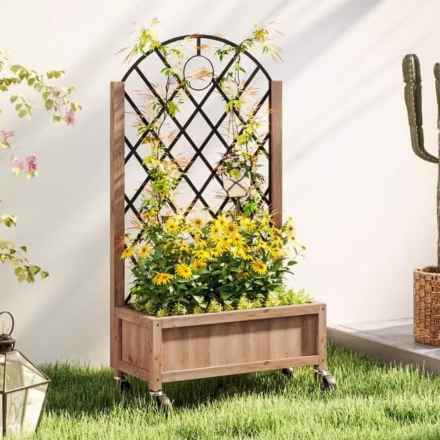 OUTSUNNY Brown Wooden Raised Bed Outdoor Planter Box with Metal Trellis W/D/H: 97 x 47 x 20 cm – 1