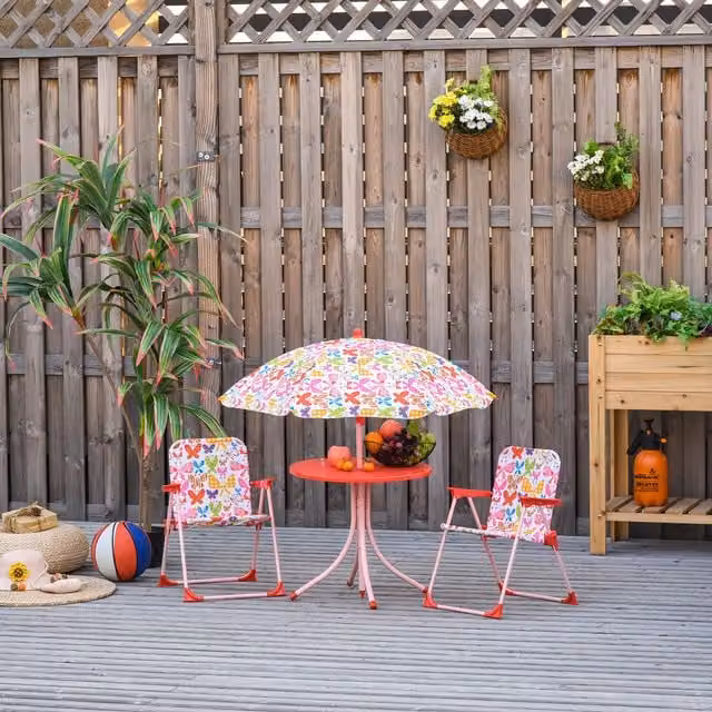 Outsunny Kids Bistro Table and Chair Set with Adjustable Butterfly Parasol in Pink and Multicolour Floral Design