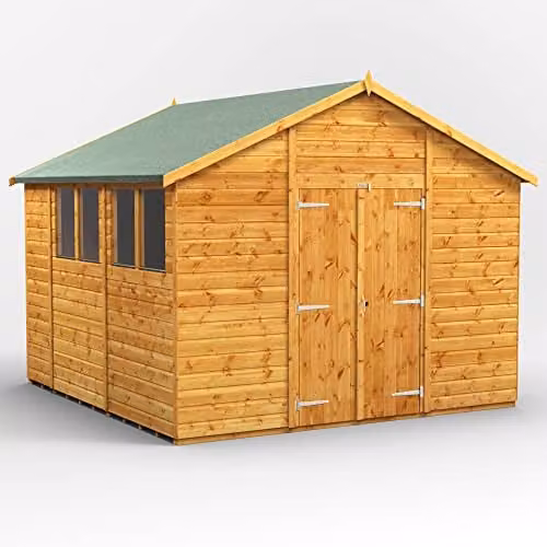 Powersheds Premium Apex Wooden Garden Shed in Natural Brown with Double Doors, 12mm Timber and Toughened Glass Windows