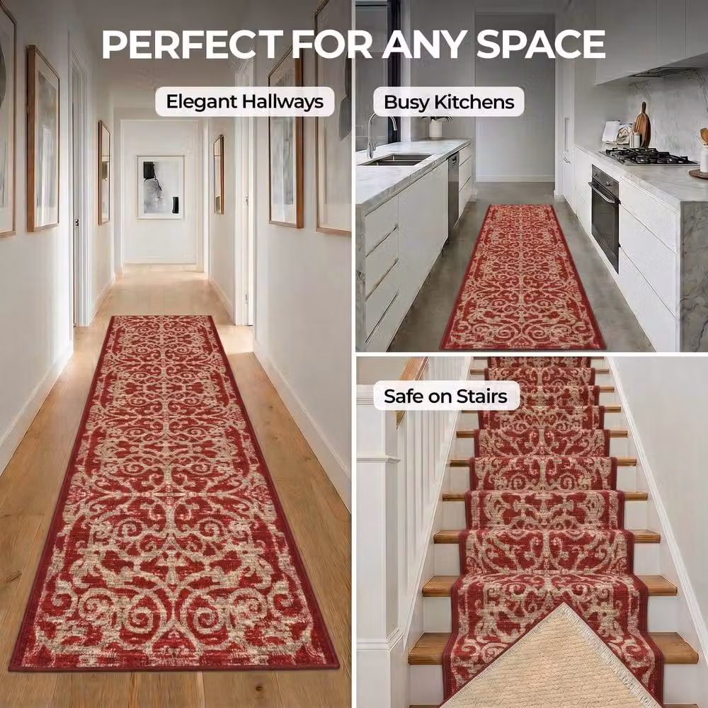 Bravich LTD Red Filigree Non-Slip Hallway Runner Rug, W: 34 cm x L: 66 cm – 7