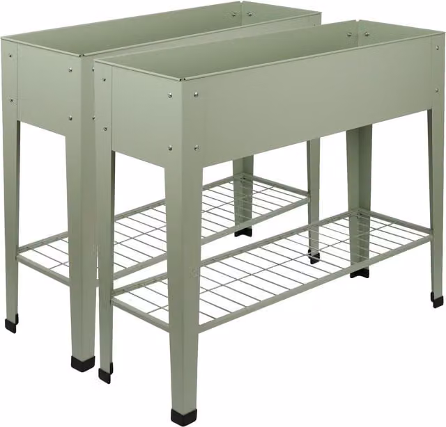 Harbour Housewares Pack of 2 Elevated Raised Garden Beds with Legs and Storage Shelf in Green Galvanised Steel – 1