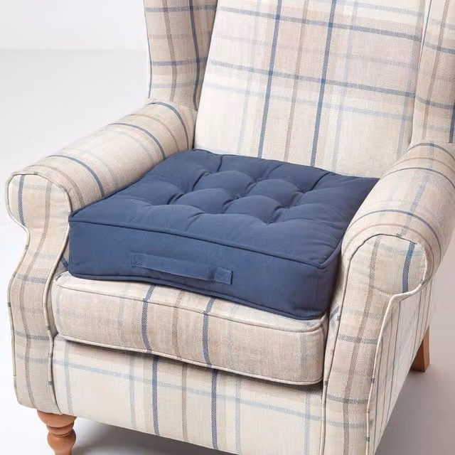 Homescapes Blue Square Armchair Booster Cushion with Cotton Cover for Seniors