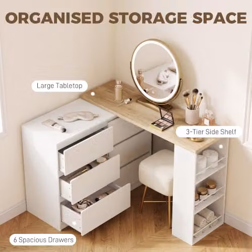 HOMCOM Modern White Dressing Table with 3-Tier Shelf and 6 Drawers, W/D/H: 130 x 40 x 80 cm – 3