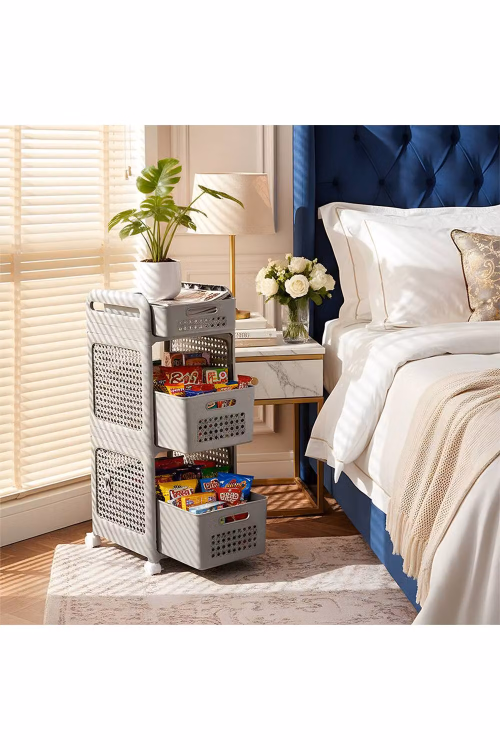 Living and Home 3-Tier Plastic Storage Trolley Cart with Pull-out Baskets, Hook and Storage Box in Grey – 2