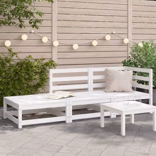Berkfield Home 2-Seater White Solid Pine Garden Sofa with Matching Ottoman and Cushions