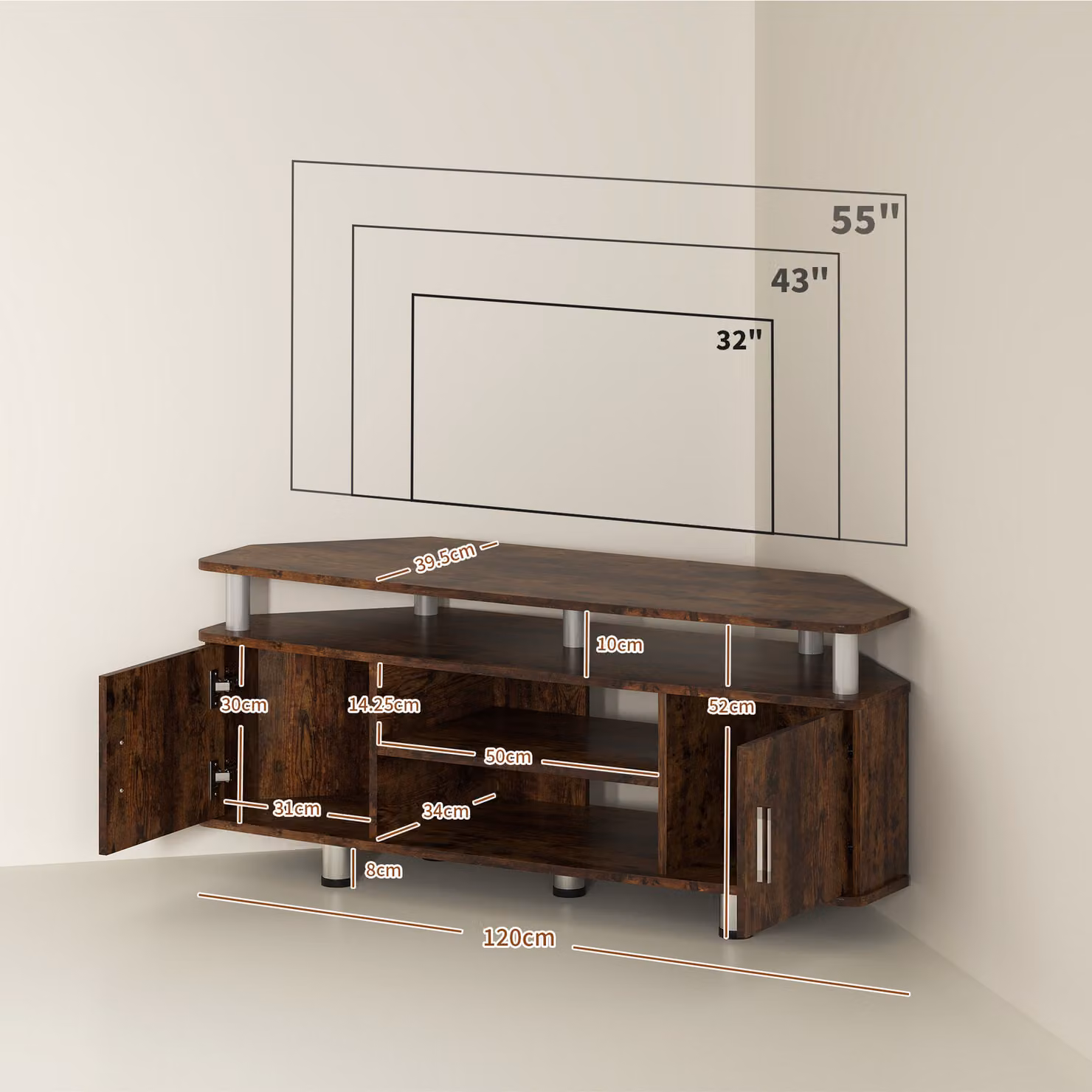 HOMCOM Rustic Brown TV Unit Cabinet with Storage Shelves and Cupboard for TVs up to 55 Inches – 3