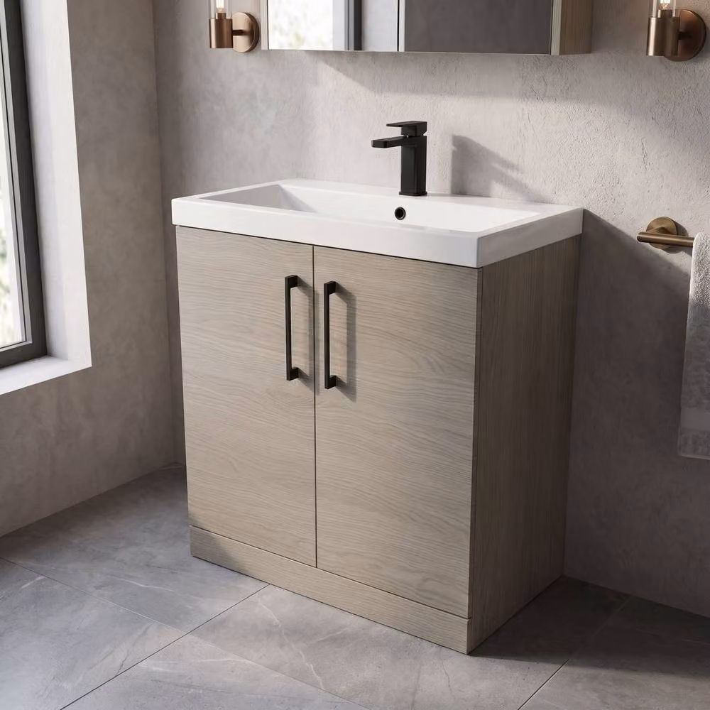 Balterley Solace Oak 2-Door Freestanding Bathroom Vanity Unit with Basin in Brown – 2
