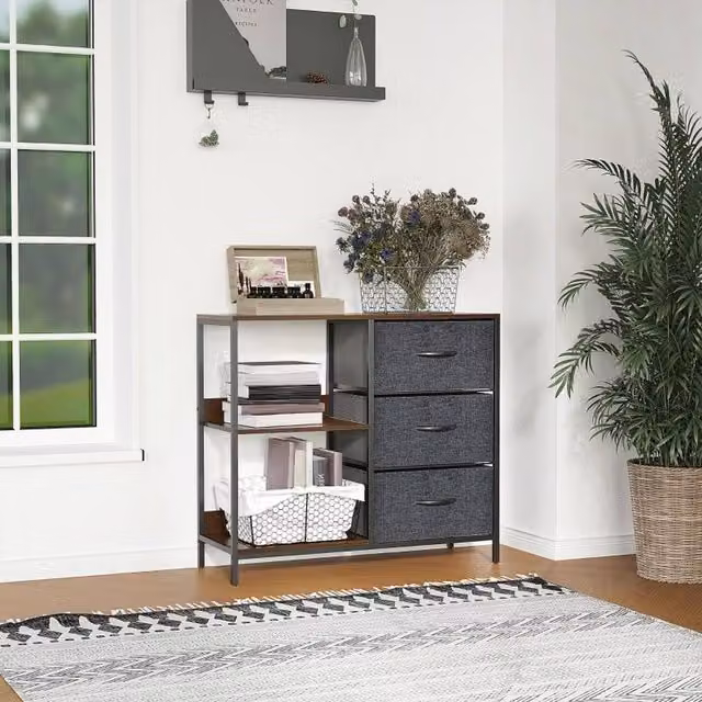 STILVORA Modern Black Chest of Drawers with 3 Drawers and Shelves