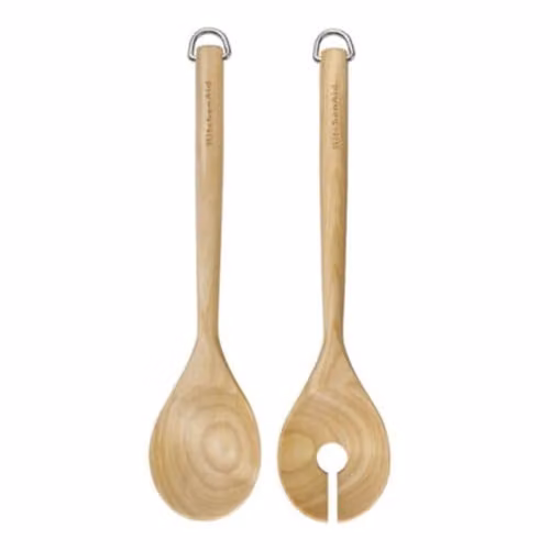KitchenAid 2 Piece Birchwood Salad Servers, Fork and Spoon with Hanging Loop in Brown