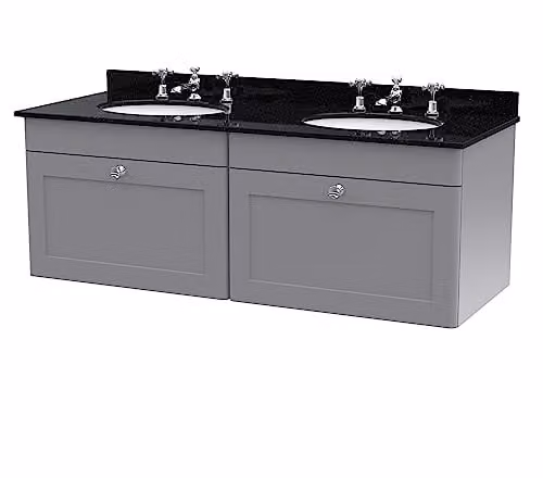 nuie Classique Traditional Wall Hung Bathroom Vanity Unit with 2 Drawers, 3 Tap Hole Marble Top and Round Basin, Satin Grey and Black, W: 120 cm, D: 47 cm, H: 50.9 cm