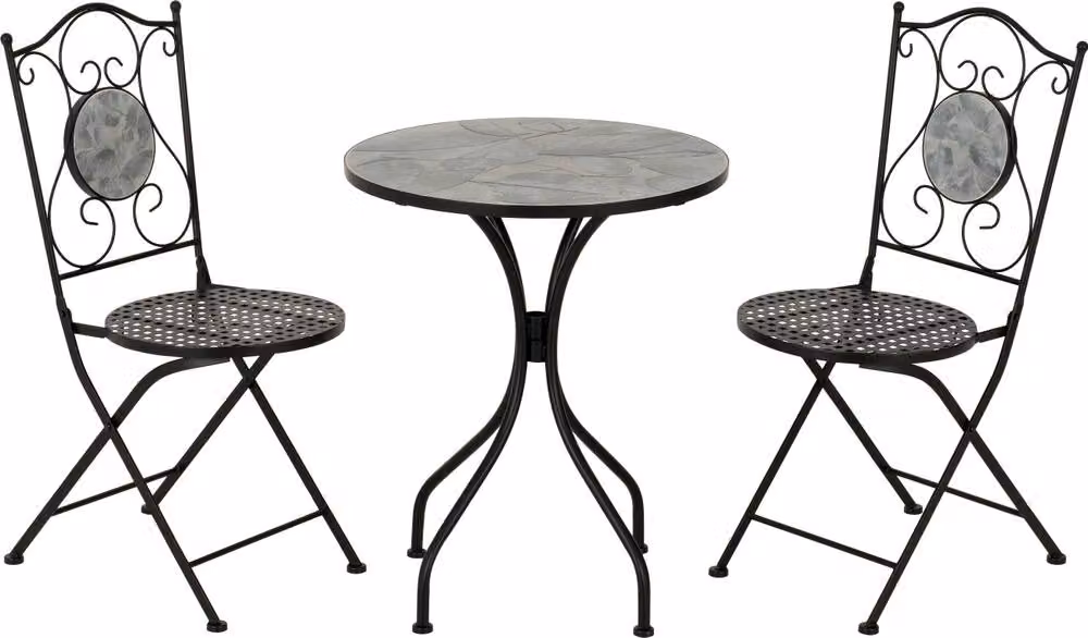 Seconique Ferne Patio Dining Set with Round Table and Chairs in Black and Grey Leaf Pattern – 2