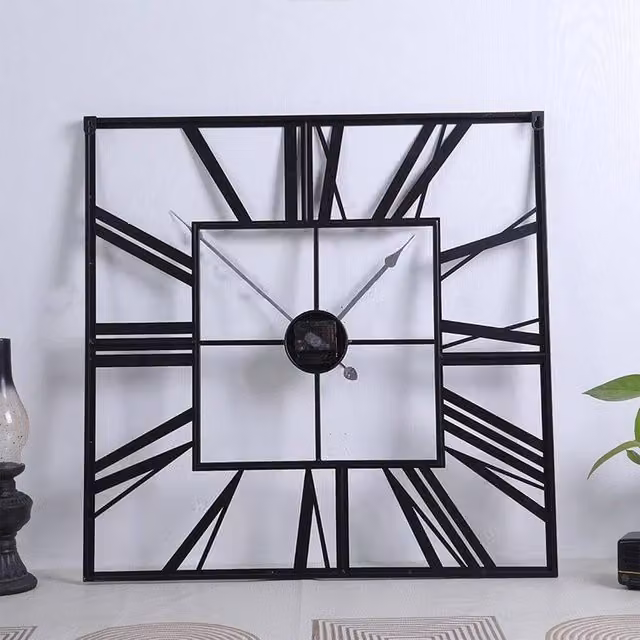 KORVIXA Black Square Metal Vintage Roman Numerals Wall Clock with Silent Quartz Movement, W/D/H: 100 x 100 x 60 cm – 1