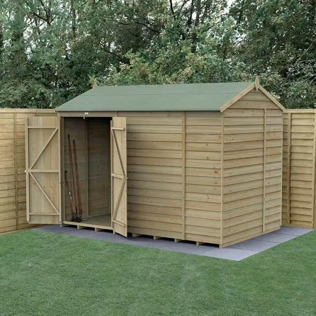 Forest Garden 4LIFE Reverse Apex Wooden Shed with Double Doors and Base in Brown