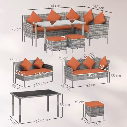 Outsunny 5 Piece Rattan Garden Dining Corner Sofa Set in Orange – 7