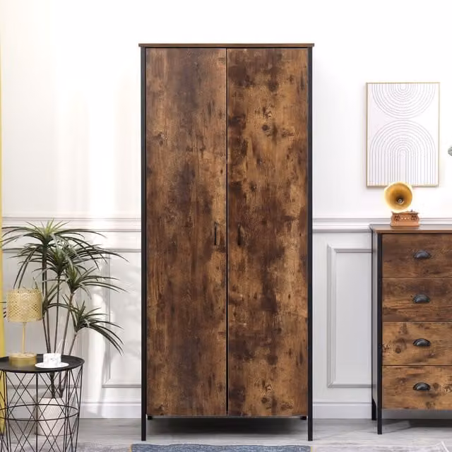 HMD Furniture 2 Door Industrial Wardrobe with Metal Frame, Burning Wood Colour, H 180 x W 49.5 x D 49.5 cm